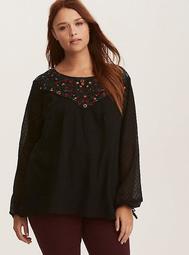 Black & Multi-Color Embroidered Chiffon Tie Sleeve Top