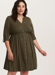 Olive Green Challis Button Front Dress