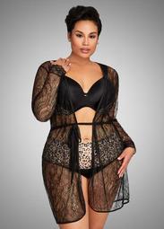Long Sleeve Sheer Lace Belted Robe