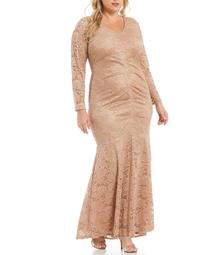 Marina Plus Foiled Lace Empire Waist Gown