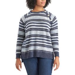 Plus Size Chaps Striped Button-Shoulder Sweater