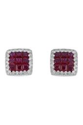 18K White Gold Invisibly Set Ruby & Pave Diamond Halo Square Stud Earrings - 0.19 ctw