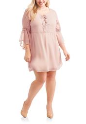 Paper Tee Women'S Plus Chiffon Bell Sleeve Dress W/ Crochet Detail