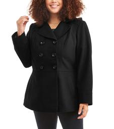 Faded Glory Woman's Plus Size Double-Breasted Faux Wool Peacoat With Hood
