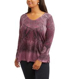 Tru Self Women's Plus Sublimated Bell Sleeve Double V-Neck With Bar Back Detail Knit Top
