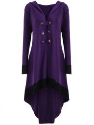 Lace-up Plus Size Hooded High Low Coat - Purple - 3xl