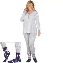 Plus Size Cuddl Duds Pajamas: Lucky Stripes Henley Top, Jogger Pants & Socks 3-Piece PJ Set