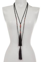Rosario Beaded Lava Stone & Layered Charcoal Tassel Drop Necklaces