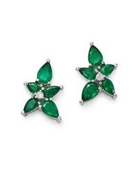 Emerald & Diamond Flower Stud Earrings in 14K White Gold - 100% Exclusive