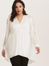 White Lace Inset Sleeve Button Front Hi-Lo Tunic