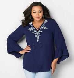 Puff Print Embroidery Peasant Top