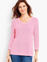 Textured V-Neck Sweater With Fringed-Trimmed Sleeves