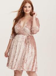 Blush Pink Crushed Velvet Wrap Dress