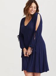 Navy Tie Sleeves Hacci Trapeze Dress