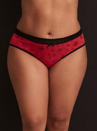 Skull & Flower Print Lace Trim Hipster Panty