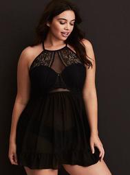 Mixed Lace & Mesh High Neck Babydoll