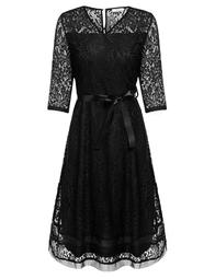 Women V-Neck Three Quarter Sleeve Lace Pleated Hollow Out Mesh Patchwork Hem Plus Size Dress with Lining TPBY