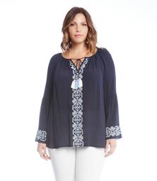 Plus Size Embroidered Double Tassel Top