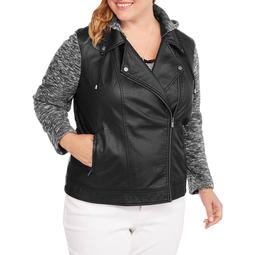 Women's Plus-Size Faux Leather Moto Jacket with Layered Fleece Look