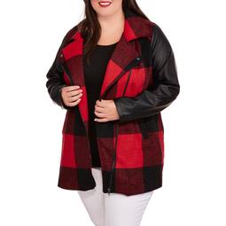 Women's Plus-Size Buffalo Plaid Faux Wool Coat with Faux Leather Sleeves
