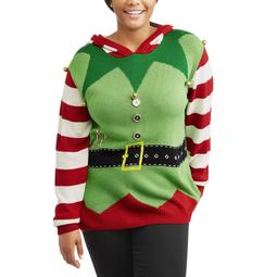 Junior's Plus Hooded Elf Xmas Sweater with Bell Detail