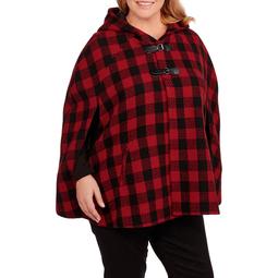 Women's Plus-Size Hooded Plaid Cape with Faux Leather Buckle Details