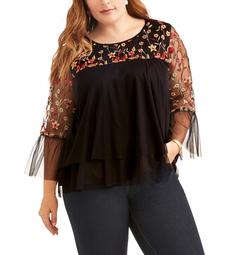 Women's Plus Embroidered Mesh Fluted Sleeve Fashion Top