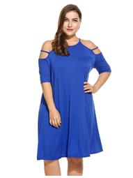 Women's O-Neck Spaghetti Strap Cold Shoulder Half Sleeve Casual Dress Plus Size(4  Colors Available) PESTE
