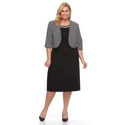 Plus Size Maya Brooke Jacquard Dress & Striped Jacket Set