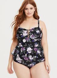 Black Floral Wireless One-Piece Swimsuit