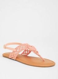 Coral Pink Macrame T-Strap Sandal (Wide Width)