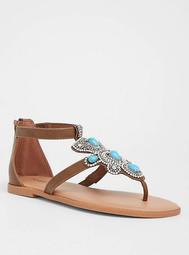Brown Turquoise Stone T-Strap Sandal (Wide Width)