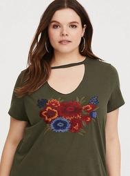 Olive Embroidered Choker Tee