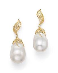 Cultured Freshwater Pearl and Diamond Drop Earrings in 18K Yellow Gold - 100% Exclusive