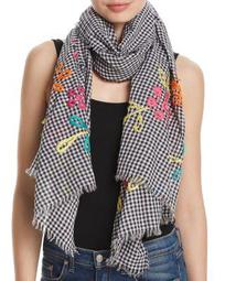Embroidered Gingham Oblong Scarf