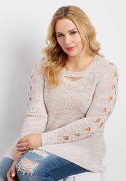 plus size marled pullover sweater with open cable knit sleeves