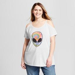 Women's Plus Size Alien Cold Shoulder Short Sleeve Graphic T-Shirt - Modern Lux - White