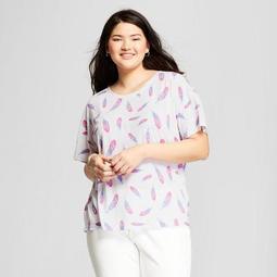 Women's Plus Size Feather Print Short Sleeve T-Shirt - Modern Lux - White