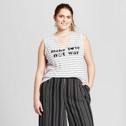 Women's Plus Size Make Love Not War Striped Graphic Tank Top - Grayson Threads (Juniors') White