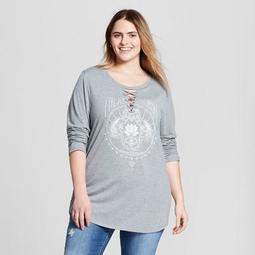 Women's Plus Size "Talk to Hamsa" Lace-Up Long Sleeve Graphic T-Shirt - Modern Lux (Juniors') Gray