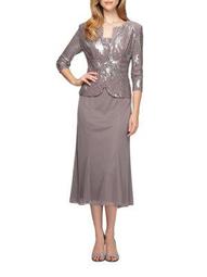 Plus Tea-Length Dress with Sequined Jacket