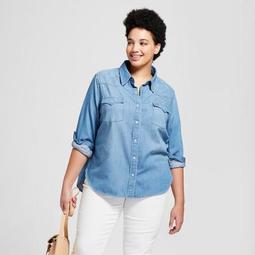 Women's Plus Size Western Denim Long Sleeve Button-Down Shirt - Universal Thread™ Medium Wash