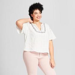 Women's Plus Size Plaid Short Sleeve Embroidered Top - Universal Thread™ White