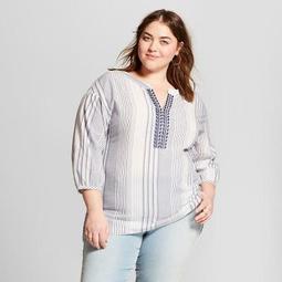 Women's Plus Size Striped Embroidered Three Quarter Length Sleeve Tunic - Universal Thread™ Blue