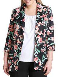 Plus Floral Roll-Sleeve Open Jacket