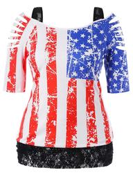Plus Size Open Shoulder American Flag T-shirt