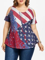 Plus Size American Flag Open Shoulder T-shirt