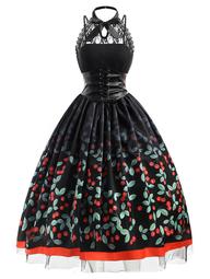 Cherry Printed Plus Size Retro Gothic Dress