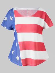 Plus Size Scoop Neck American Flag T-shirt