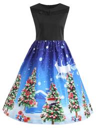 Plus Size Christmas Tree Lace Panel Vintage Dress